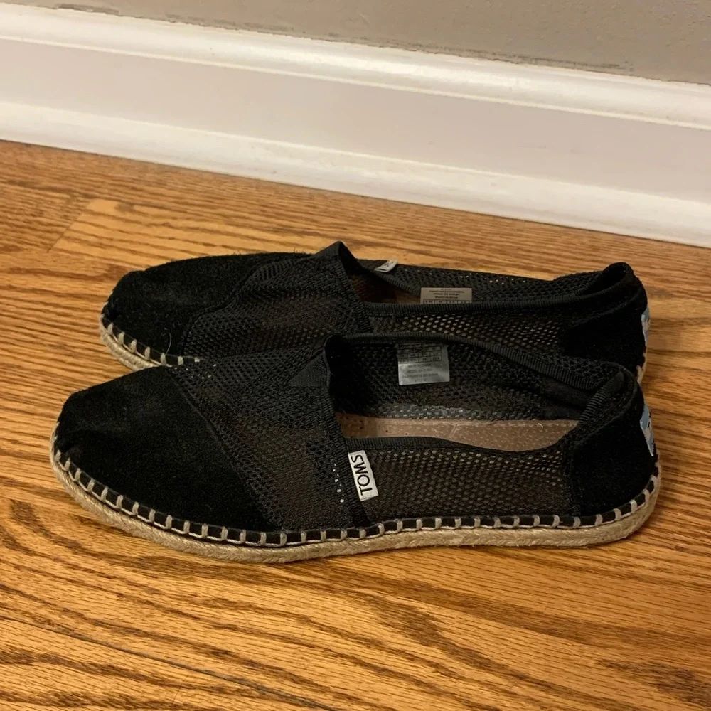 Black Mesh Suede Tom’s Alpargata Flats Shoes Espadrilles - Picture 5 of 7